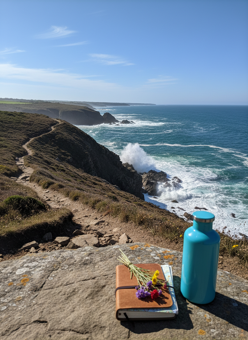 A coastal cliffside trail winding along a rugged shoreline, with a bright teal enamel water bottle and a small, well-used hiking journal resting on a flat rock in the foreground. Wild grasses, tiny colorful wildflowers, and a crumpled paper map peek from under the journal’s elastic band. Below, turquoise waves crash against dark rocks, sending up white spray. The sky is a clear, vivid blue with a few wispy clouds. Mid-afternoon sunlight creates crisp contrasts and sparkling highlights on the water. Photographic realism, wide-angle composition with strong depth of field so everything from the rock to the horizon is in focus. The atmosphere feels playful, fresh, and energizing, capturing an authentic moment from a coastal adventure.