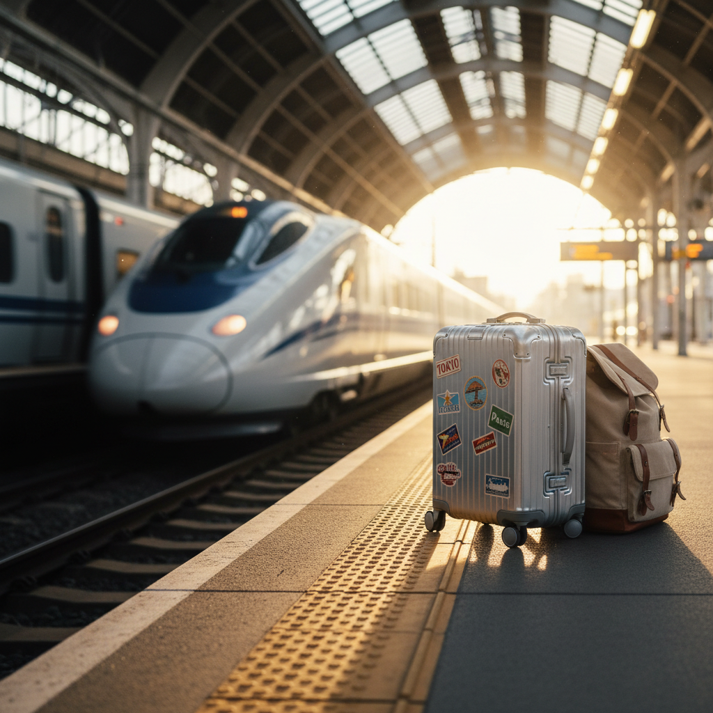 A compact silver carry-on suitcase with a few bright destination stickers and a lightweight sand-colored backpack leaning against it, positioned in the middle of a quiet train platform. The platform’s yellow safety line runs diagonally through the frame, leading toward a sleek, blurred train just pulling in. Soft golden hour light filters through the station’s glass roof, reflecting off the metal rails and casting long, warm shadows. Photographic realism, captured from a low-angle, three-quarter view with the luggage on the rule of thirds intersection. The background is gently out of focus, emphasizing the feeling of anticipation, movement, and playful curiosity, perfect for illustrating the start of a new travel story.