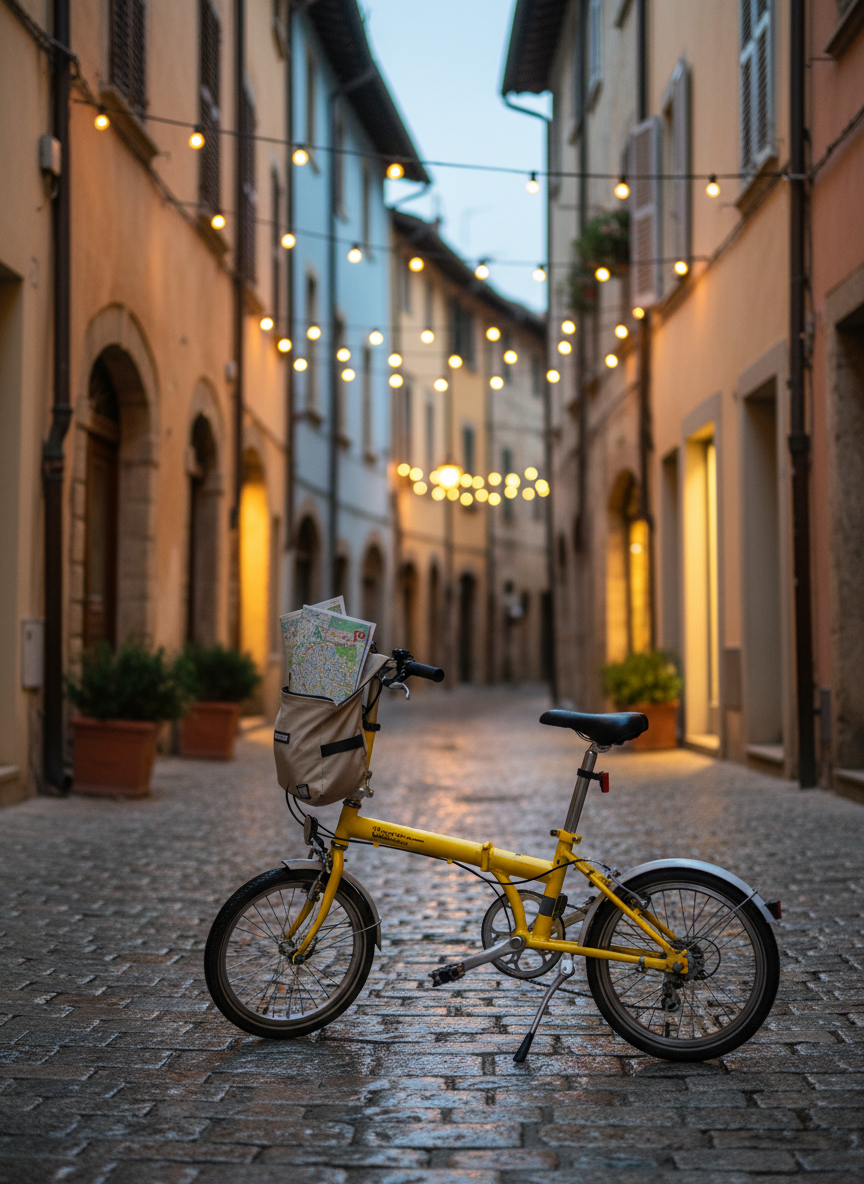 A narrow alley in an old town, paved with uneven cobblestones glistening faintly after a recent rain, viewed from a slightly elevated angle. In the foreground sits a small, bright yellow folding bicycle with a tiny handlebar bag half-open, revealing a colorful city guidebook and a folded street map peeking out. String lights zigzag overhead between weathered stone buildings painted in muted ochres and blues. Warm, late-evening light from nearby doorways mixes with the cool, overcast sky, creating a softly glowing, cinematic feel. Photographic realism with moderate depth of field, the bike in crisp focus while the alley gently blurs into the distance. The mood is playful, curious, and slightly mysterious, as if a spontaneous detour just led to an unforgettable discovery.