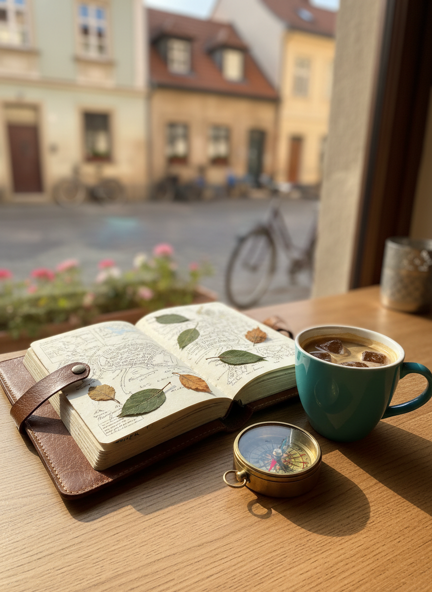 A well-worn leather travel notebook lying open on a sunlit wooden café table, its pages filled with tiny hand-drawn maps and little pressed leaves from different countries. Beside it sits a slightly chipped turquoise ceramic mug beading with condensation from an iced coffee, and a scuffed vintage compass pointing off-center. Outside the window, softly blurred, stretches a colorful old European street with cobblestones and bicycles leaning against pastel walls. Late-morning natural light spills across the table, casting playful, angled shadows. Photographic realism, shot at eye level with a shallow depth of field so the focus stays on the notebook’s texture and details, creating an inviting, adventurous, and slightly whimsical mood for a personal travel blog header image.